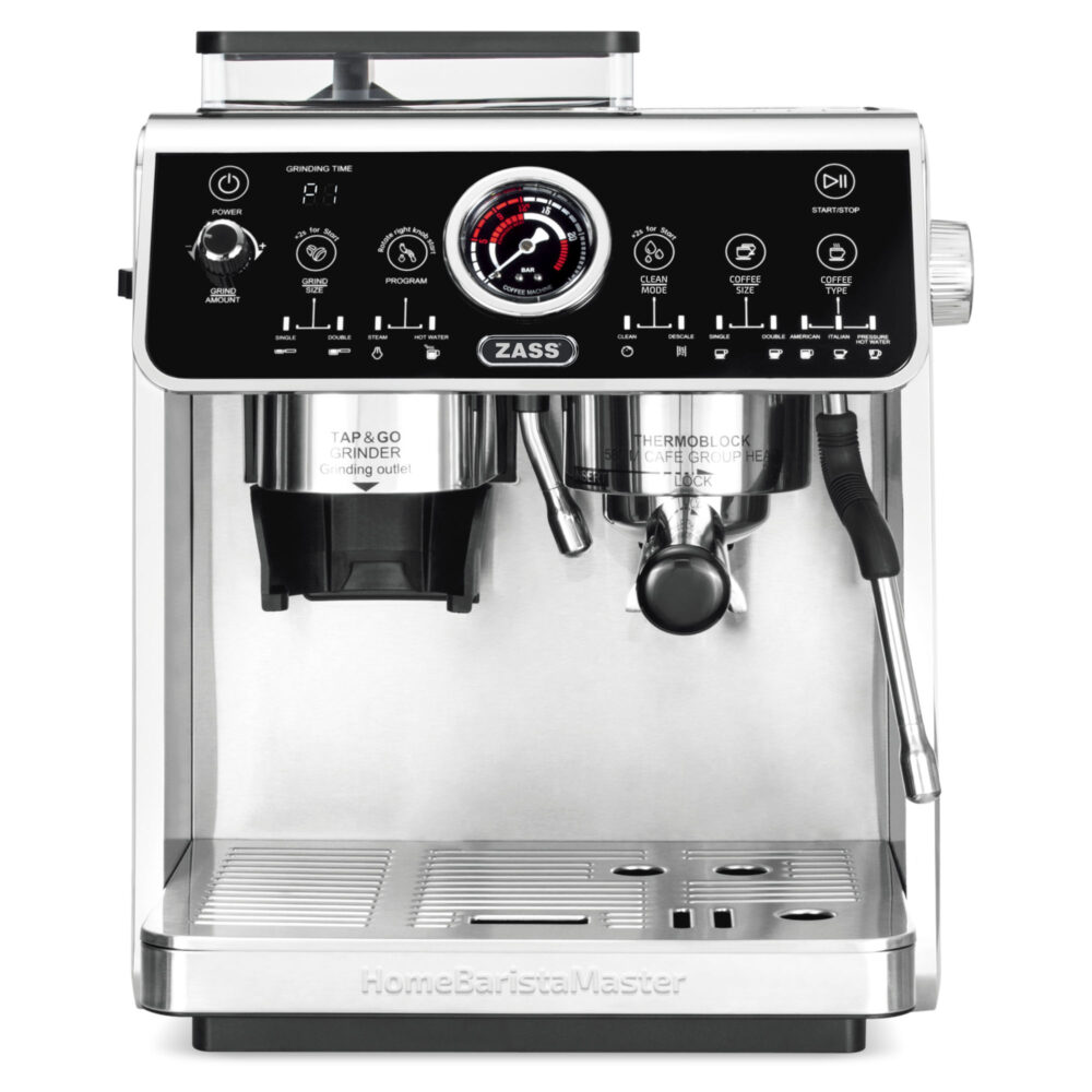 Aparat de cafea espresso semiprofesional ZASS Pro Line ZEM 11, Putere 2800 W cu manometru, Carcasa inox inoxidabil, Taste digitale iluminate si afisaj LED, Presiune 20 bar, Preinfuzare la presiune joasa, Rezervor apa 2, 7 L, macinare reglabila, Resigilat/Reconditionat
