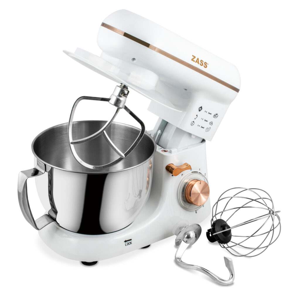 Mixer planetar Zass ZPSM 21 Rose Gold, 1300 W, Bol inox 4 L, 6 Viteze, Functie Pulse, Alb, Resigilat/Reconditionat