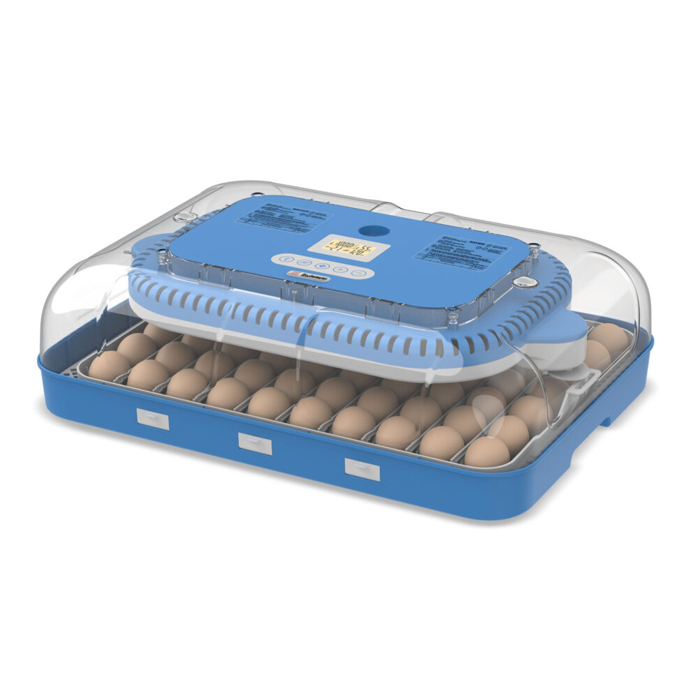 Incubator 70 oua cu alimentare duala (230V/12V), Reglaj automat temperatura, umiditate si intoarcerea automata a oualor, Electromures EM 3004, 90 W, Alb-Albastru, Resigilat/Reconditionat