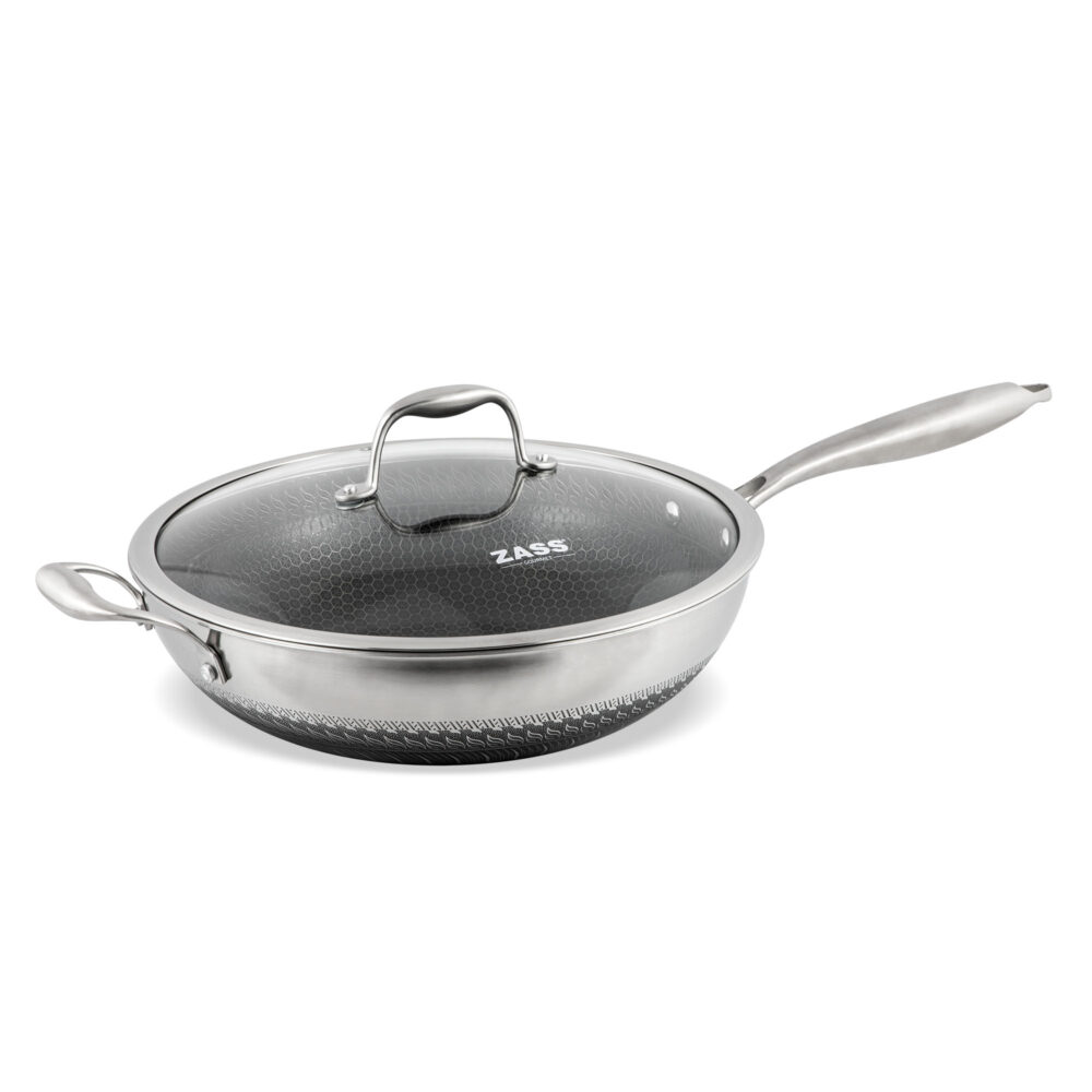 Tigaie profesionala tip wok din inox cu acoperire ceramica tip fagure si capac din sticla ZASS ZG-SSW 01-30, Resigilat/Reconditionat
